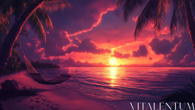 Spectral tropical shoreline at sunset with hammock silhouettes.