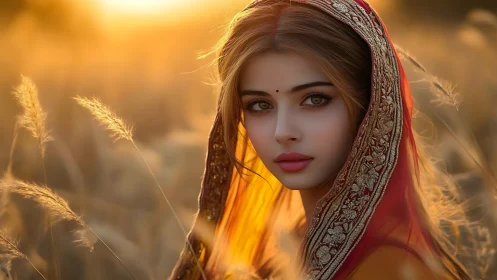 Young woman stands in backlit field wearing embroidered veil