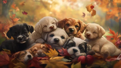 Photorealistic autumn puppy cluster in warm shallow focus.
