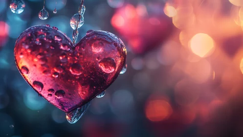 Luminous Ruby Heart Suspended in Fluid with Bokeh Light Refraction