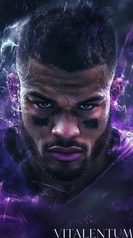Intense gridiron portrait radiates electric violet energy