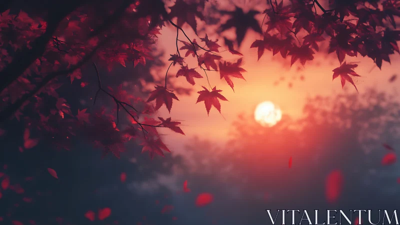 Red maple foliage silhouetted against diffuse sunset sky.