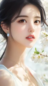 Blossom-kissed portrait of serene girl in luminous spring light.