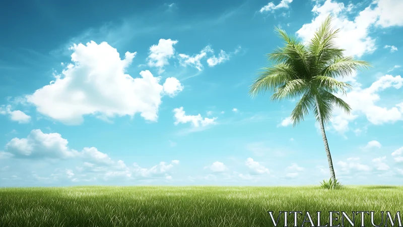 Single palm tree on open grassy field under blue sky.