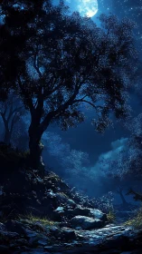 Moonlit forest trail glows under a deep sapphire night sky