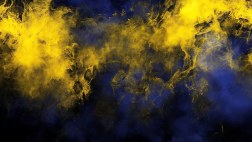 Electric yellow nebula drifts through deep midnight blue void