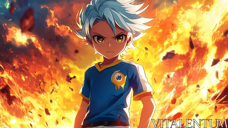 Young hero stands fearless as blazing flames rise behind