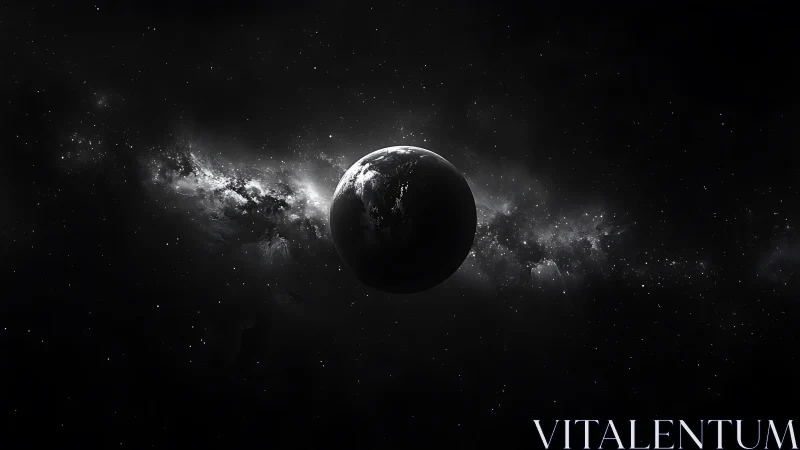 Monochrome terrestrial sphere silhouetted against dense galactic dust