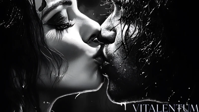 Wet Intimacy: Monochromatic Kiss in Rain.