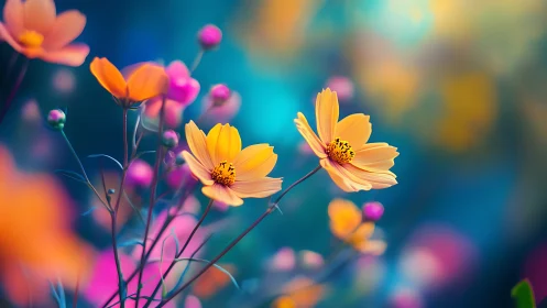 Yellow cosmos flowers bloom against vibrant teal and magenta bokeh