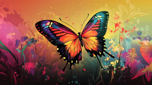 Radiant butterfly drifting through a dreamy painted garden.