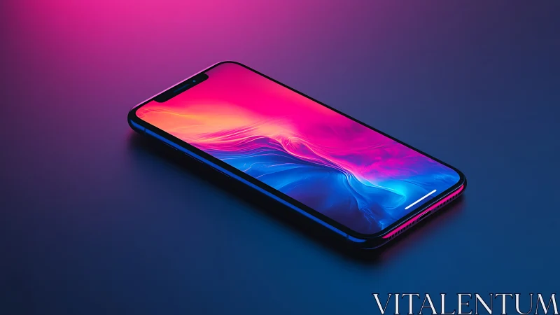 Bezel-less smartphone glows under neon gradient studio light.