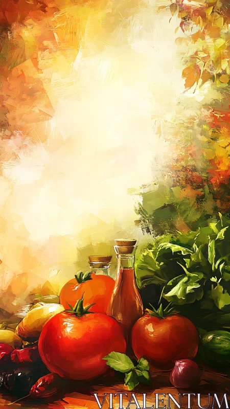 Rustic vegetable still life in luminous painterly brushwork.