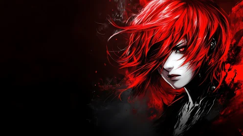 Red haired anime warrior glares through abstract darkness