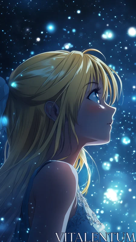 Anime girl in starlit night sky with glowing blue lights.