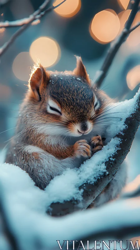 Sleepy chipmunk resting on snowy branch at winter dusk.