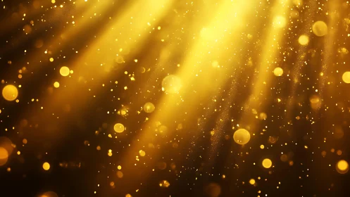 Golden light rays with sparkling particles, abstract festive glow.