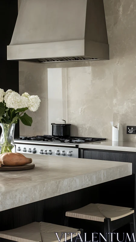 Minimalist stone kitchen with stainless range hood and island