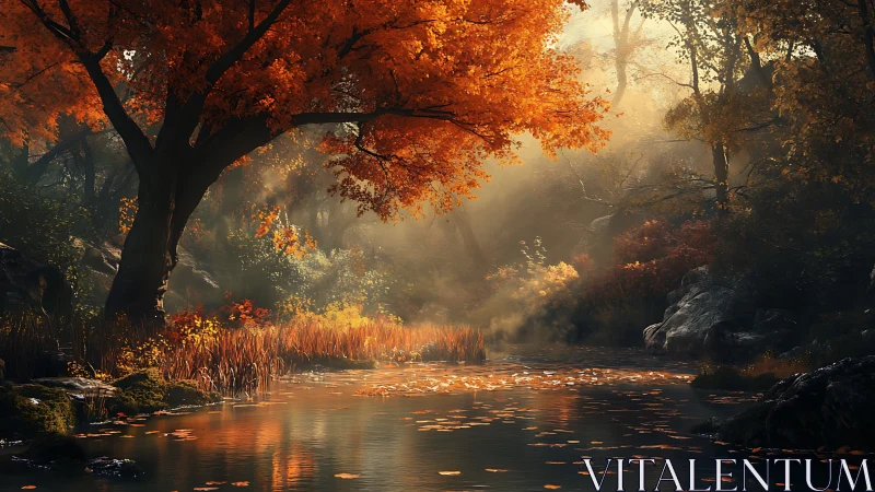 Sunlit autumn forest river with glowing orange foliage.