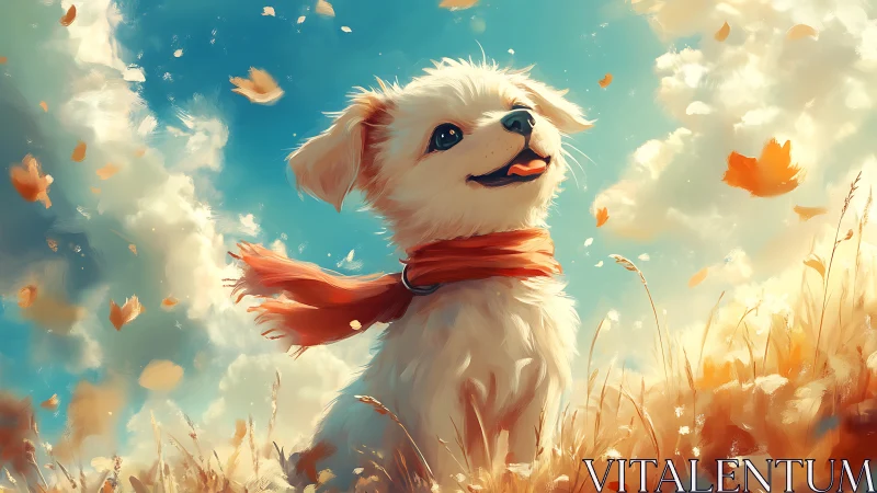 Joyful white puppy in autumn field under radiant sky.