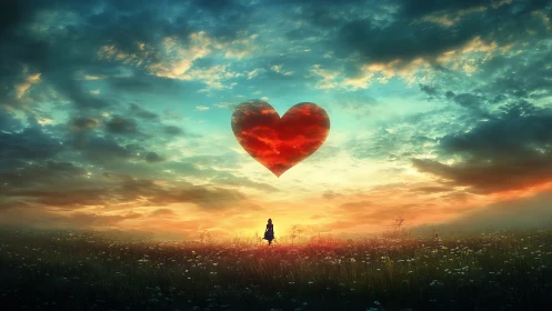 Solitary figure beneath luminous heart in twilight landscape