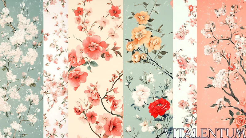 Six Vertical Panels with Botanical Floral Motifs on Varied Backgrounds.