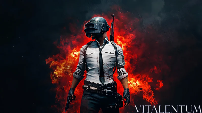 Helmeted combatant stands before dense fiery explosion glow