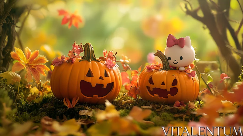 Whimsical Halloween Garden with Jack-O'-Lanterns and Cute Character