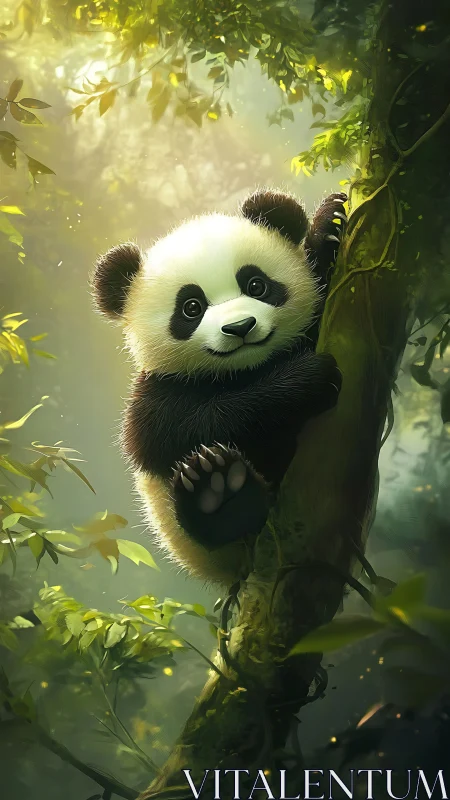 Young panda on mossy jungle tree in soft green light.