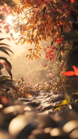 Sunlit foliage frames a shallow depth forest ground scene