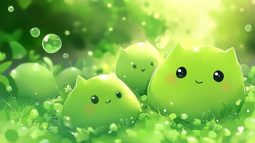 Adorable Green Creatures in Glowing Nature Scene