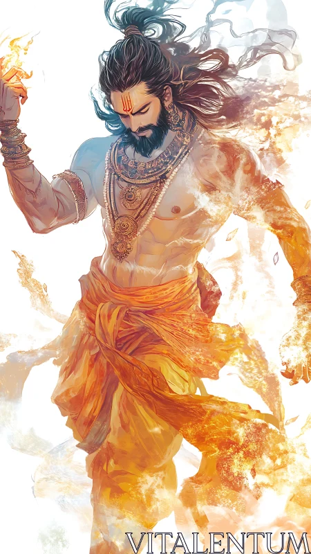 Fiery monk in flowing robes walking through living flames.