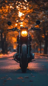 Custom cafe racer motorcycle under autumn bokeh glow.