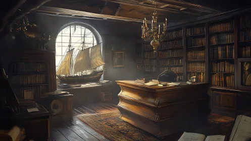 Sunlit antique study frames detailed ship model by window