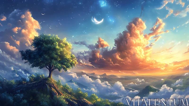 Lone summit tree serenades dawn clouds and a crescent sky