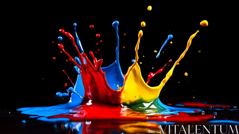 Vibrant splashes of primary color paint on black background, modern art.