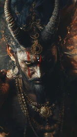 Infernal horned demigod portrait with ritualistic gold regalia.