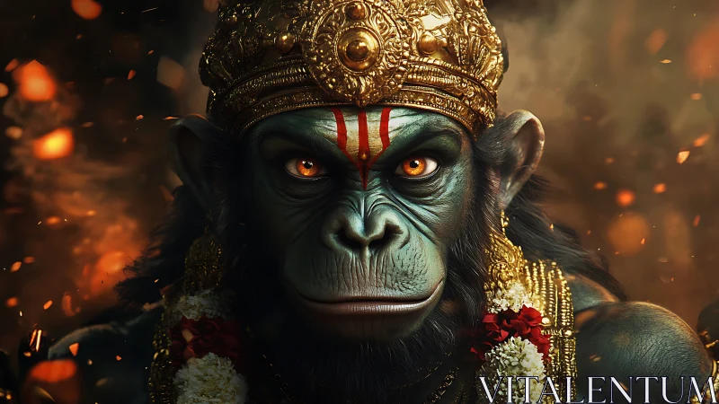 High-detail simian deity portrait with ornate gold crown and embers