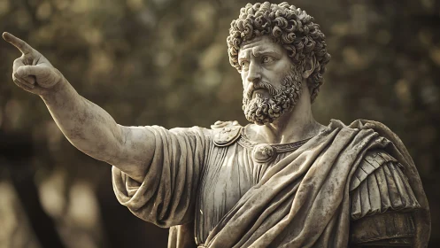 Marble statue of robed Roman figure pointing outward