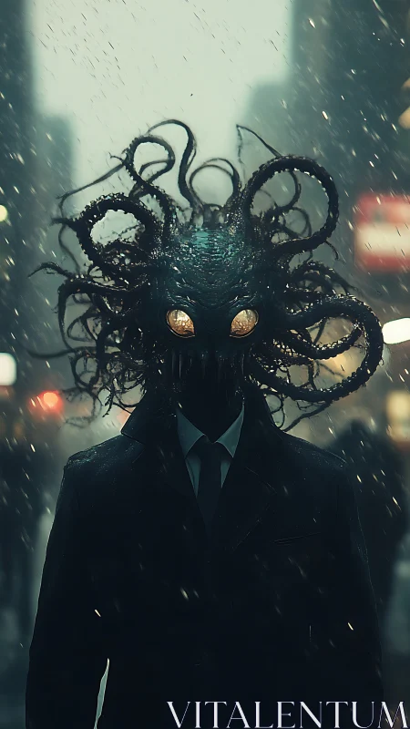 Cephalopodic humanoid in urban snowfall, bioluminescent gaze.
