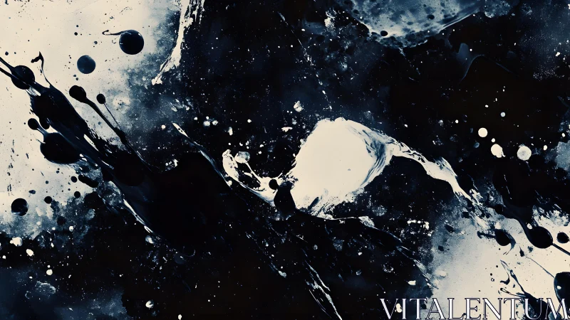 Abstract black and white paint splatter artwork, dynamic modern style.