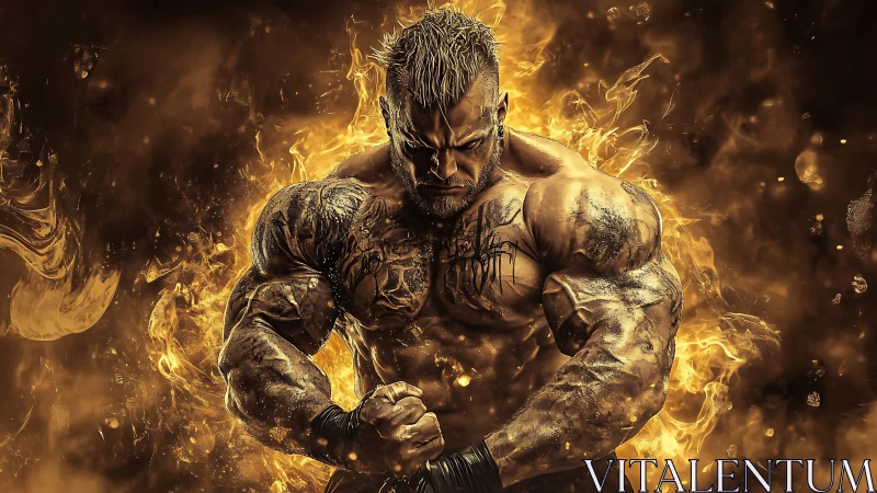 Muscular warrior forged in gold firestorm glow.