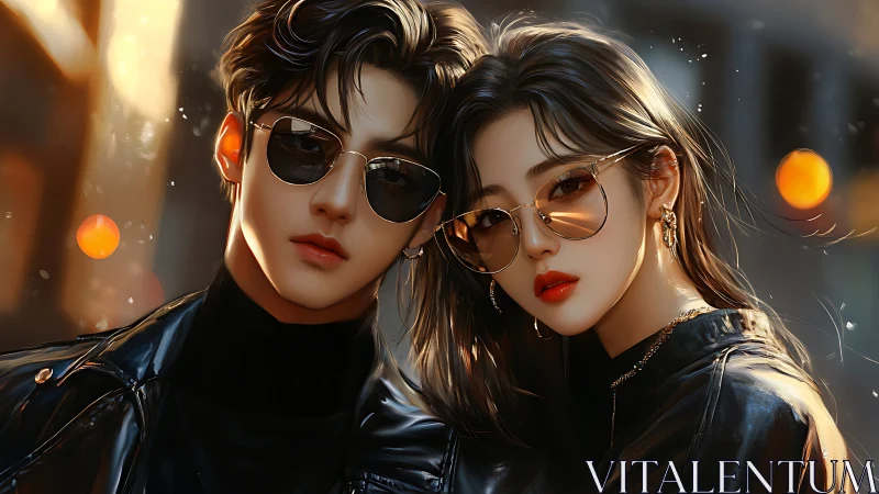Two figures in black leather jackets and aviator sunglasses.