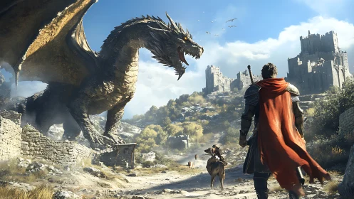 Armored warrior confronts colossal dragon before ruined citadel.
