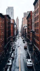 Rain-lacquered city canyon quietly swallows the morning rush