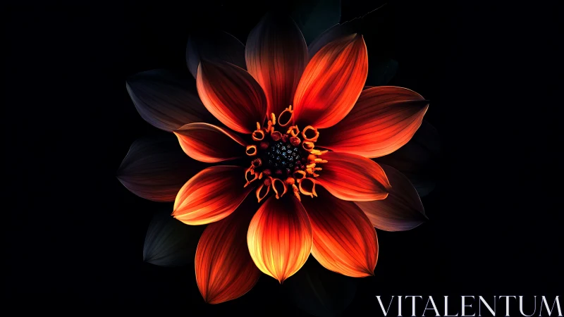 Radiant Dahlia Bloom Against Darkness. Fire-Toned Petals.