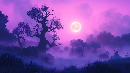 Moonlit misty forest glowing in dreamy violet twilight.