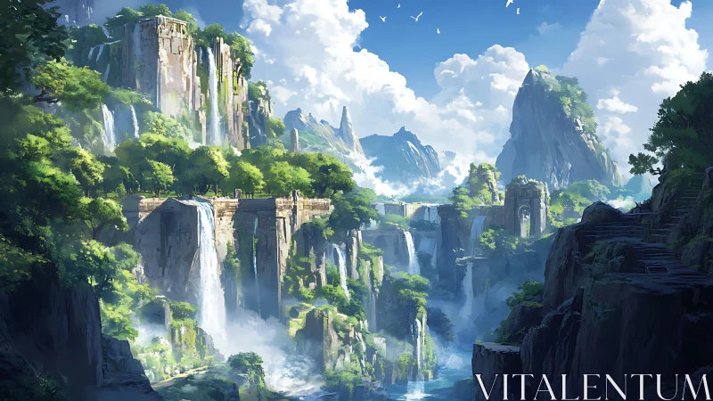 Verdant cliffside cascades with ancient stone terraces bathed.