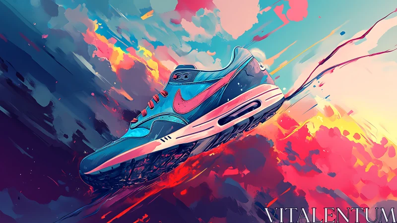 Vibrant running shoe soaring through neon sunset clouds.