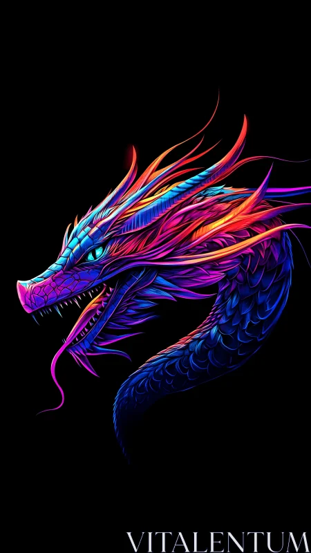 Vibrant neon dragon rises from darkness in glowing color